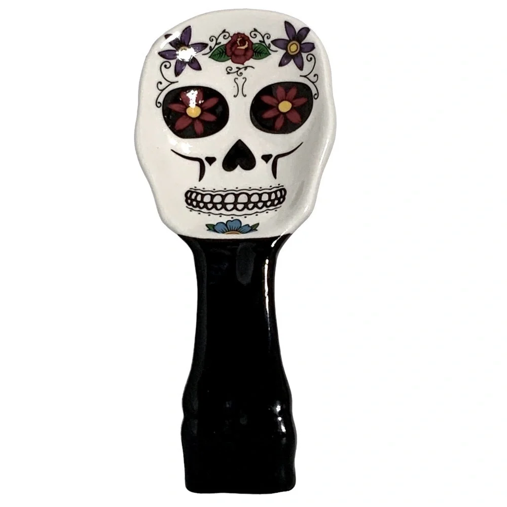 Sugar Skull Spoon Rest Ceramic Hand Painted Unique Day of the Dead White Black